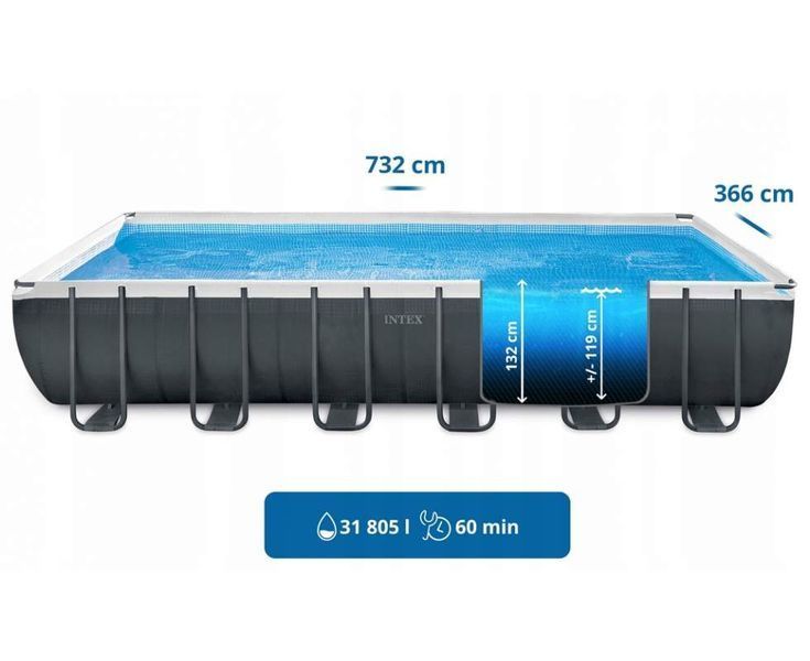 Каркасний басейн Intex 26364, 732 х 366 х 132 см (7 900 л/год, драбина, тент, підстилка) 175189 фото