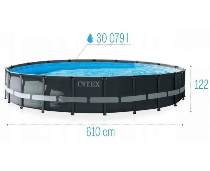 Каркасний басейн Intex 26334-12, 610 х 122 см (150мл/11г/год, 12 000 л/год, драбина, тент, підстилка, набір для догляду) 170886 фото
